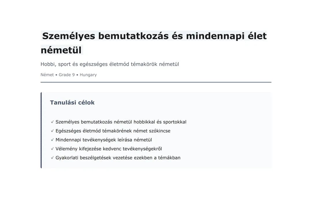 Személyes bemutatkozás és mindennapi élet németül