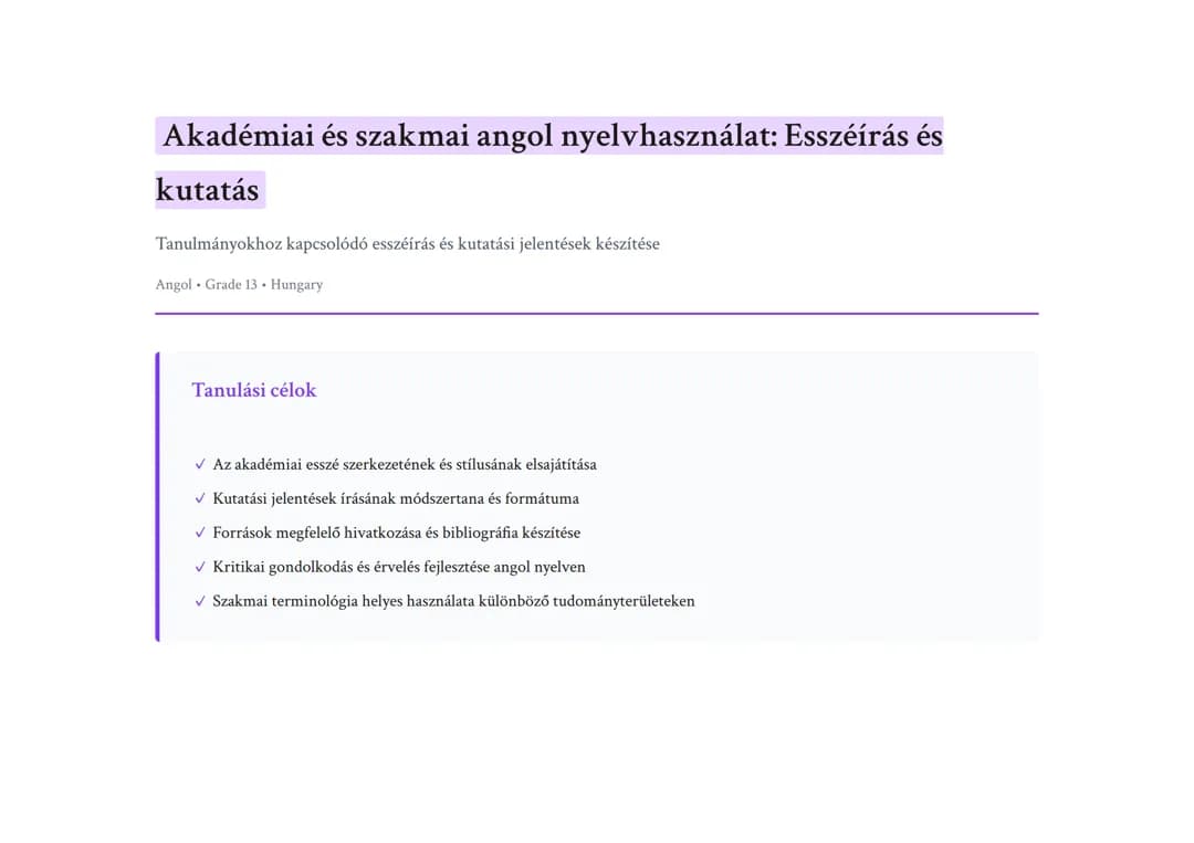 Akadémiai és szakmai angol nyelvhasználat: Esszéírás és kutatás