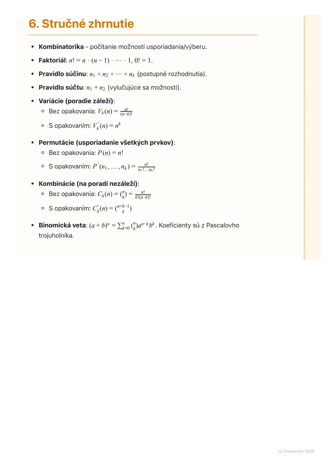 # Kombinatorika

## 1. Úvod do kombinatoriky

Kombinatorika je dôležitá časť matematiky, ktorá sa zaoberá počítaním rôznych
možností usporia