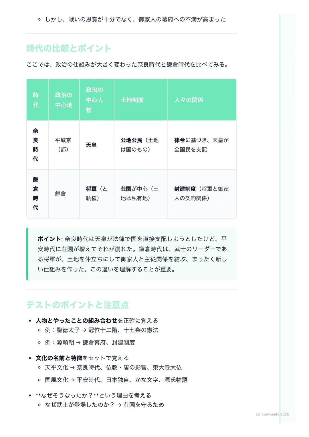 # 日本の歴史(古代~中世)
(Japanese History: Ancient to
Medieval)

この時代の学習のポイント

日本の国の成り立ちと、政治や文化がどう変わっていったかを理解する 昔の人
の暮らしが、時代ごとにどう変化したのかを覚えるのが大事 特に、中国