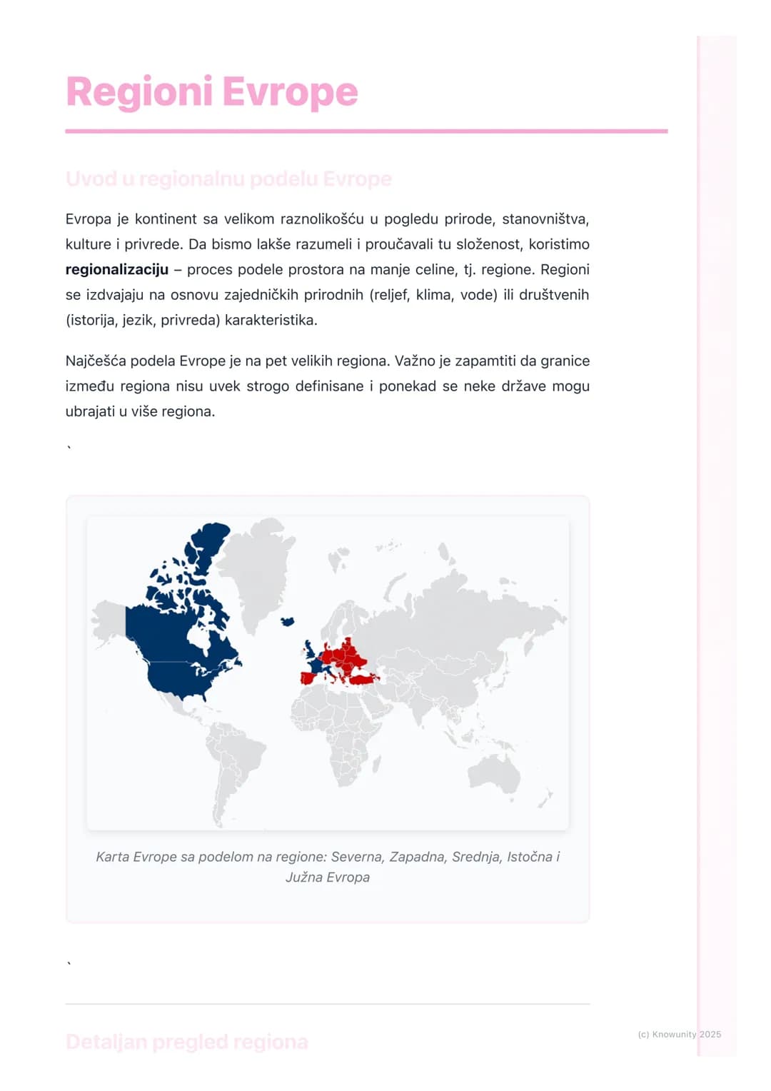 # Regioni Evrope

Uvod u regionalnu podelu Evrope

Evropa je kontinent sa velikom raznolikošću u pogledu prirode, stanovništva,
kulture i pr