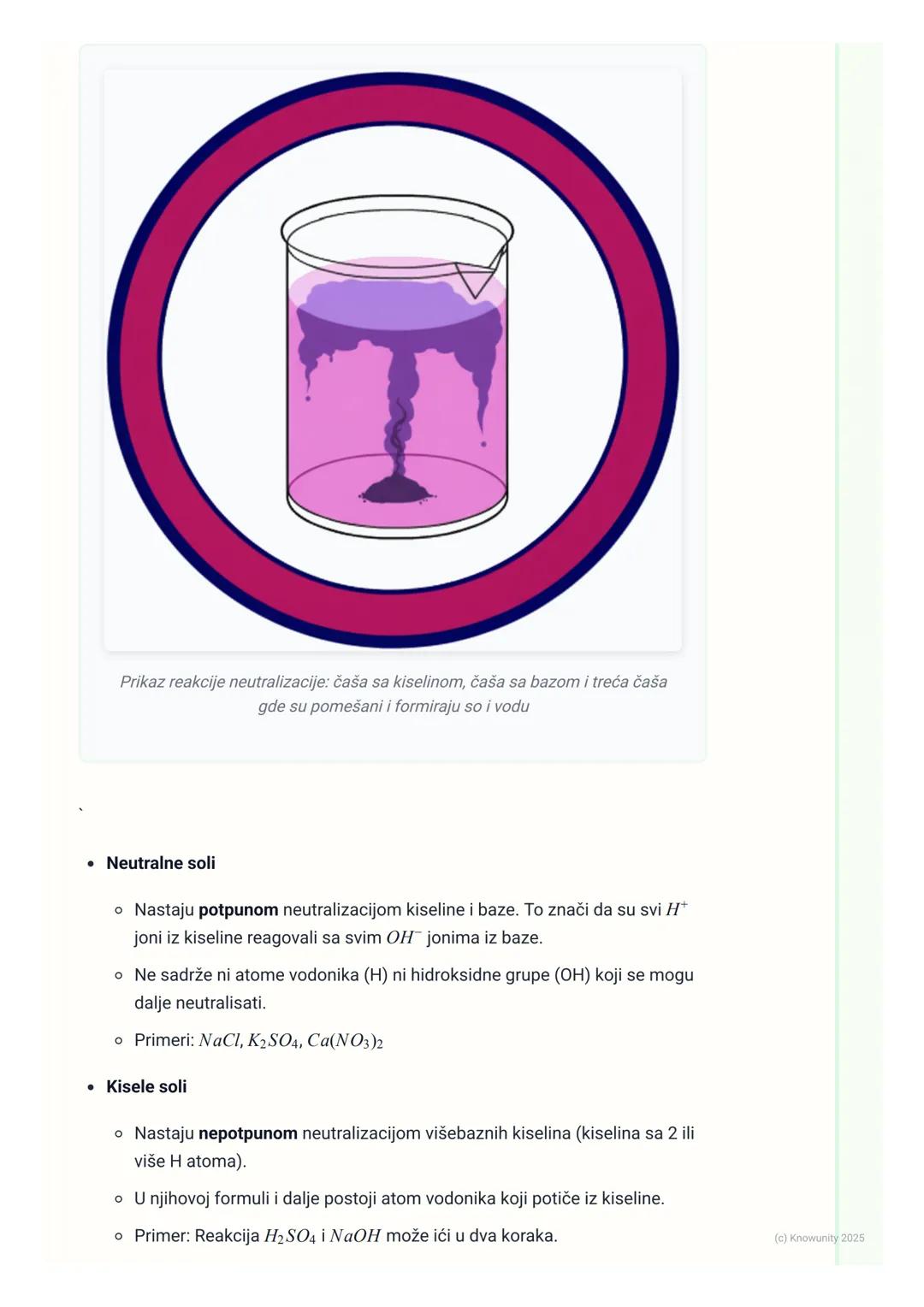 # Soli

Šta su soli? Uvod

Soli su jonska jedinjenja koja nastaju u reakciji neutralizacije između kiseline i
baze. Sastoje se od katjona me