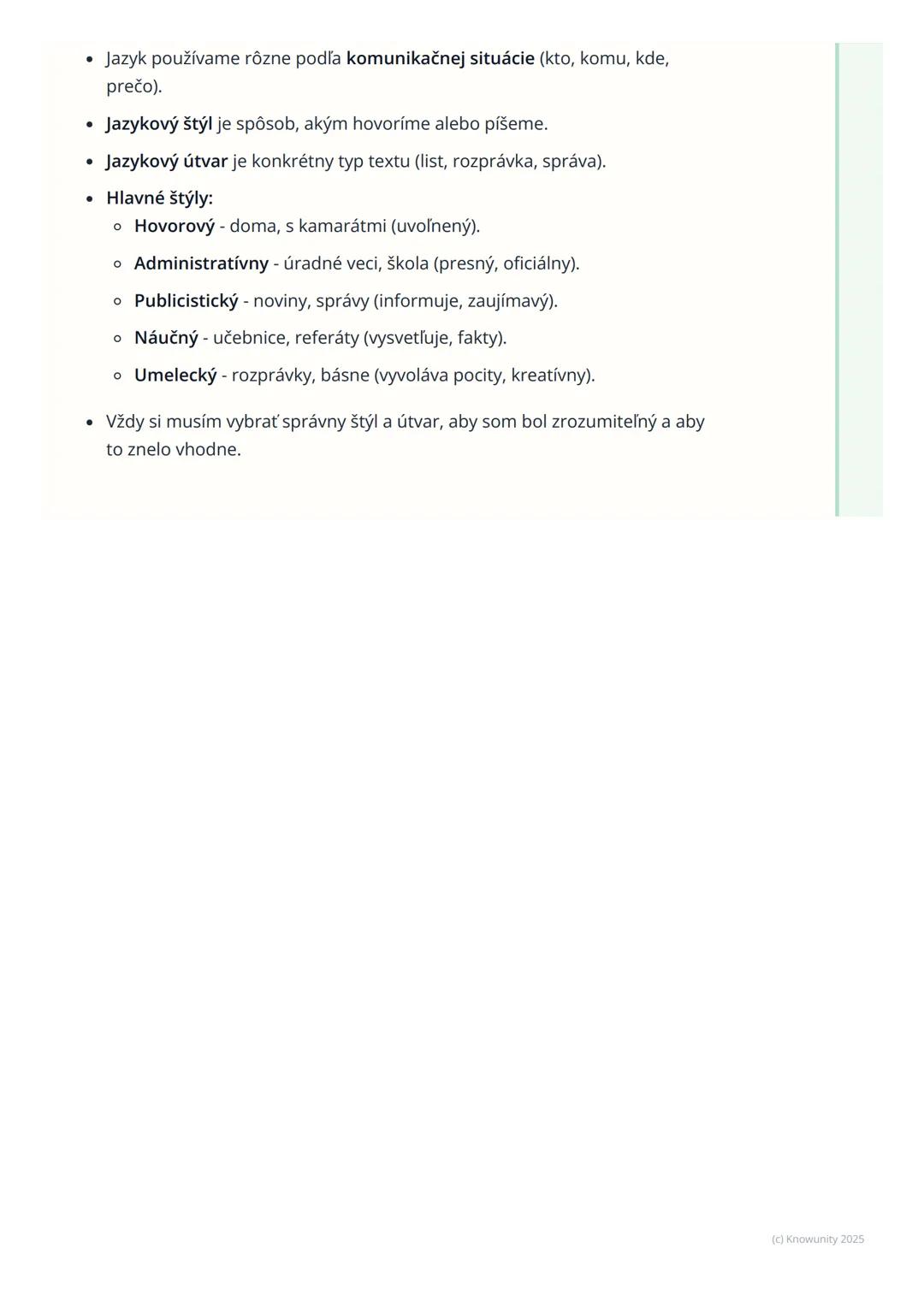 # Jazykové štýly a útvary

## 1. Prehľad a úvod

Musím si zapamätať, že jazyk používame rôzne. Nezáleží len na tom, čo
hovoríme, ale aj ako 