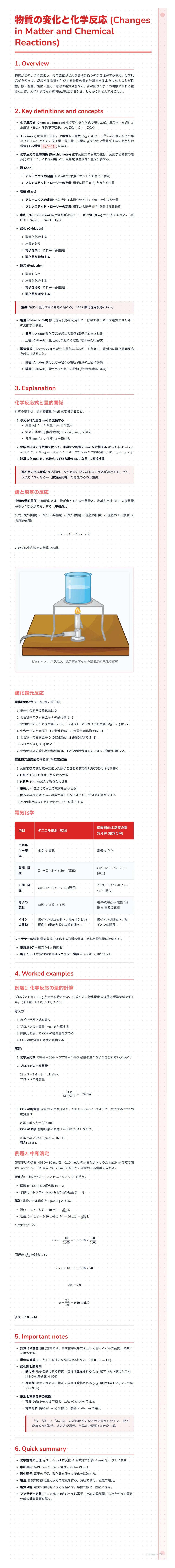 # 物質の変化と化学反応 (Changes in Matter and Chemical Reactions)

1. Overview

物質の姿が変化したり、新しい物質が生まれたりする現象を化学変化といいます。化学変化を伴う現象を化学反応といいます。化学反応は、私たちの身の回
