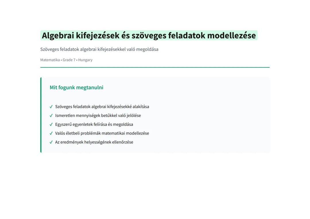 Algebrai kifejezések és szöveges feladatok modellezése