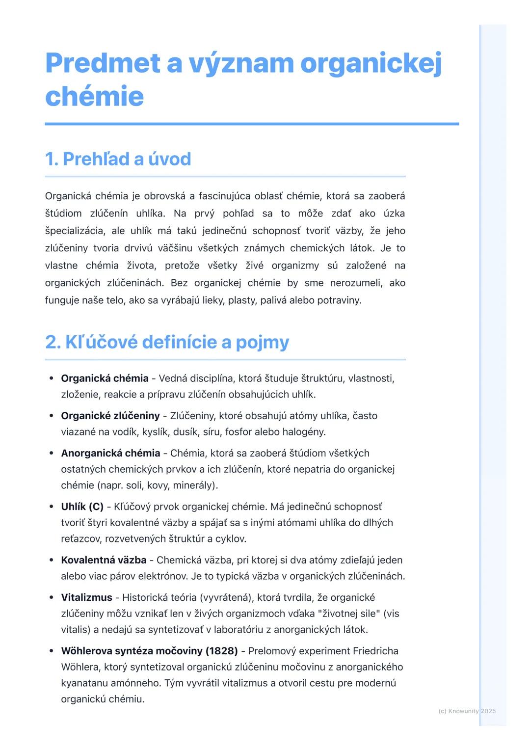 # Predmet a význam organickej
chémie

1. Prehľad a úvod

Organická chémia je obrovská a fascinujúca oblasť chémie, ktorá sa zaoberá
štúdiom 