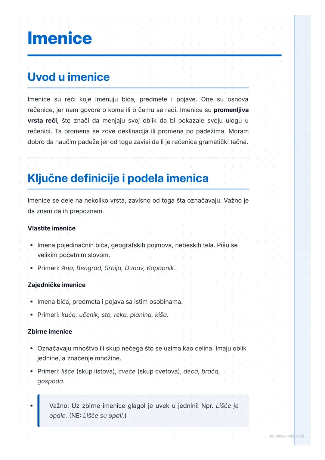 # Imenice

## Uvod u imenice

Imenice su reči koje imenuju bića, predmete i pojave. One su osnova
rečenice, jer nam govore o kome ili o čemu