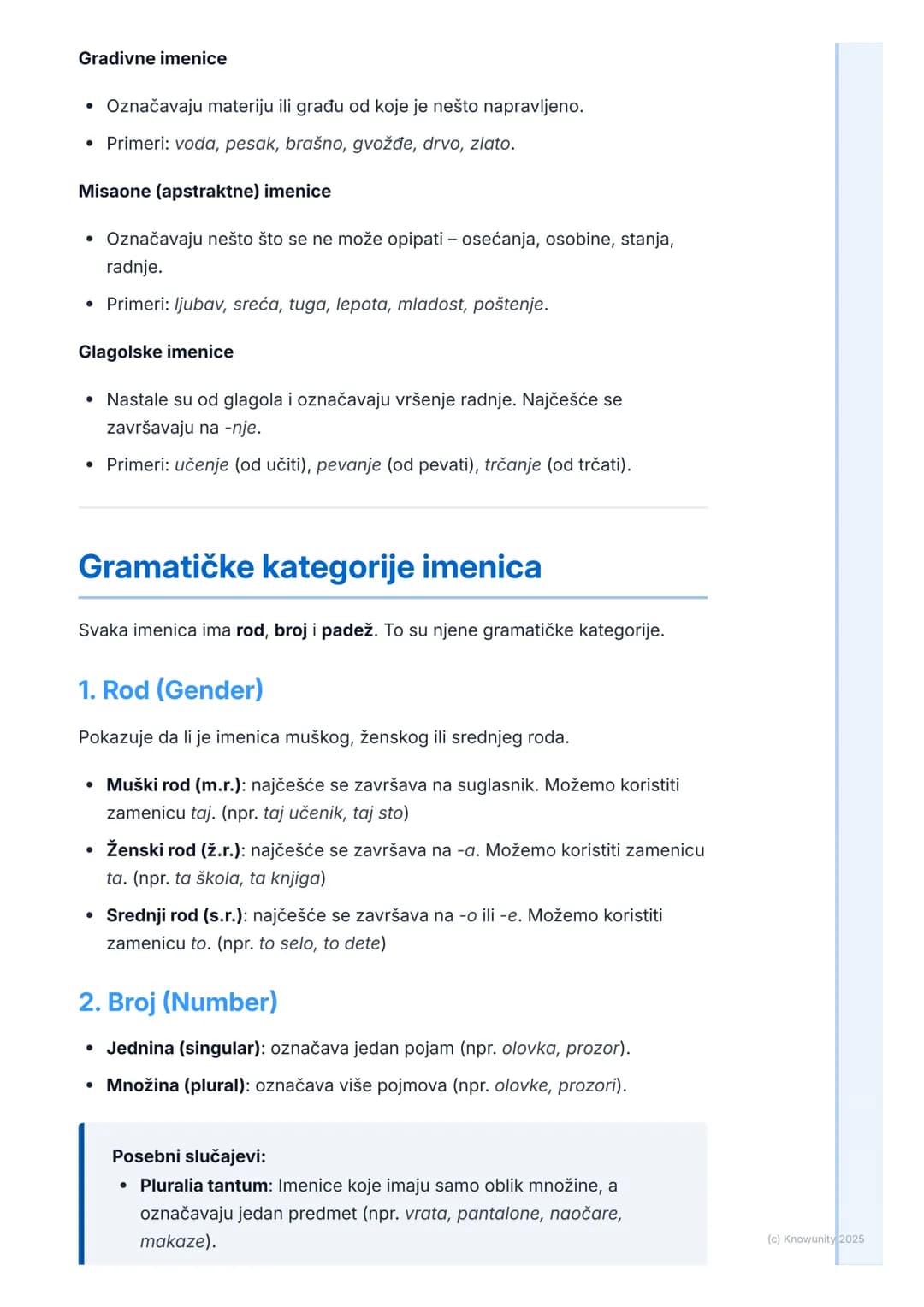 # Imenice

## Uvod u imenice

Imenice su reči koje imenuju bića, predmete i pojave. One su osnova
rečenice, jer nam govore o kome ili o čemu