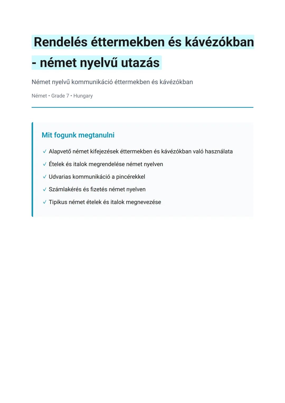 Rendelés éttermekben és kávézókban - német nyelvű utazás
