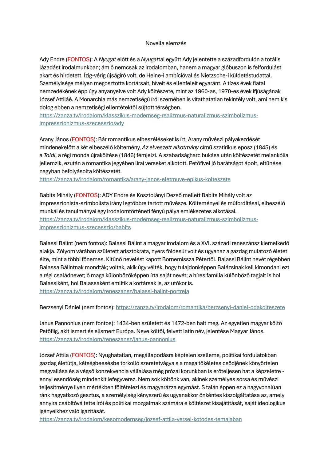 Novella elemzés
Ady Endre (FONTOS): A Nyugat előtt és a Nyugattal együtt Ady jelentette a századfordulón a totális
lázadást irodalmunkban; á