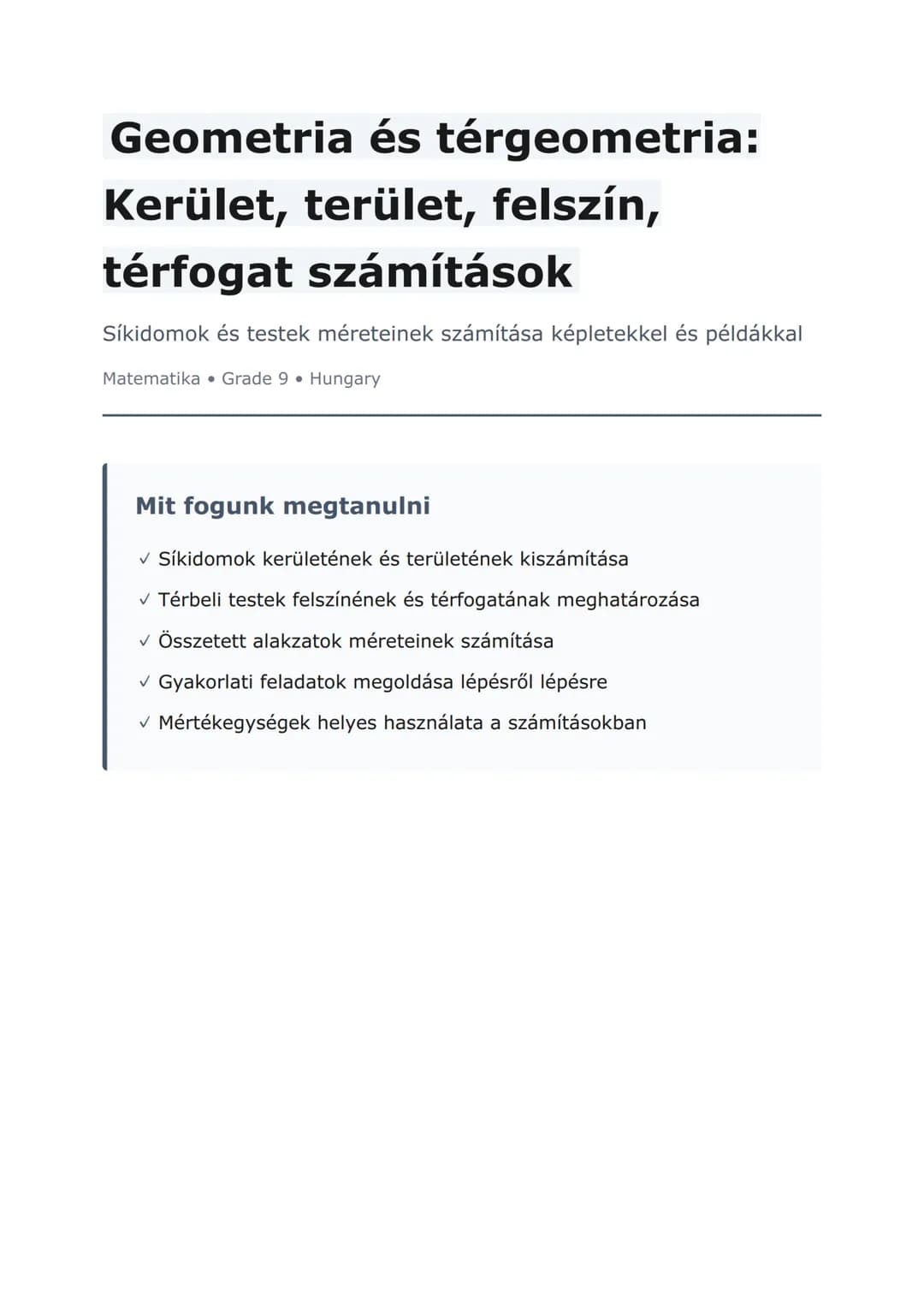 Geometria és térgeometria: Kerület, terület, felszín, térfogat számítások