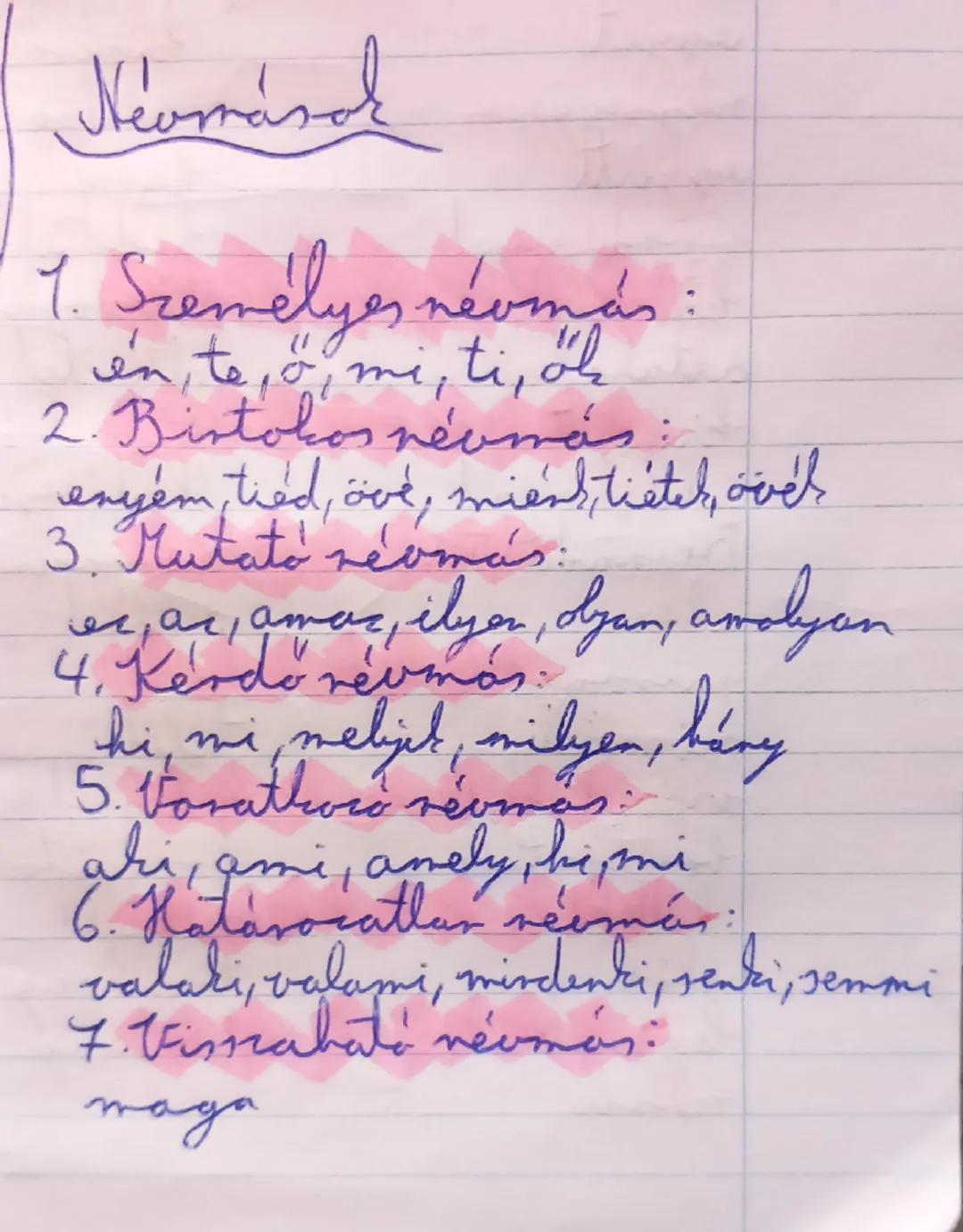 # Névmások

1. Személyes névmás:
en te, o mi, ti, oh
2. Birtokos névmás:
enyem tied, övé, miens, tieter, avel
3. Mutató névmás:
es, as, amar