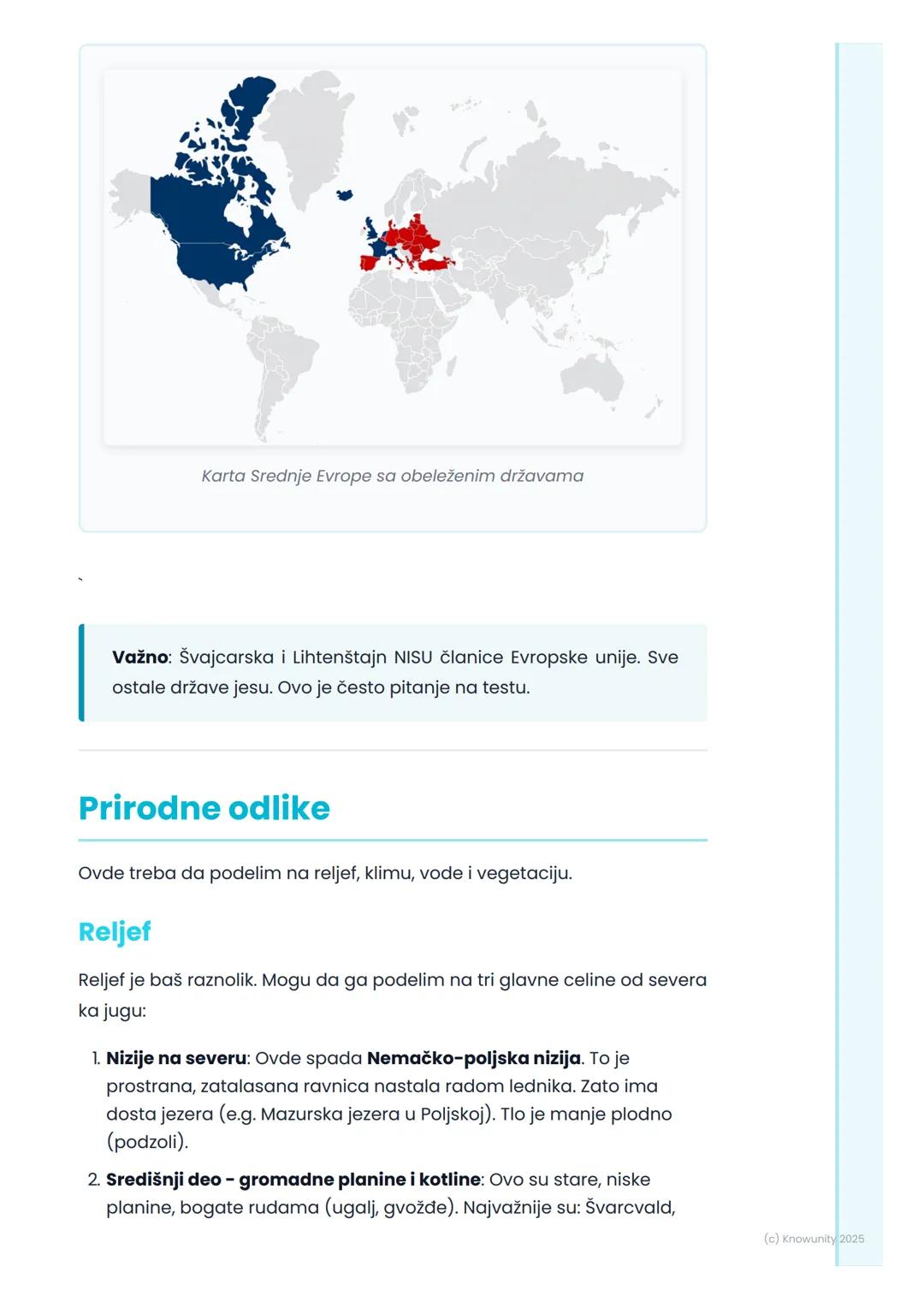 # Srednja Evropa

## Opšte odlike Srednje Evrope

Srednja Evropa je region koji se nalazi, kao što ime kaže, u središnjem
delu našeg kontine