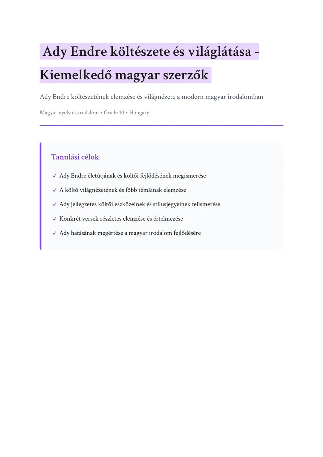 Ady Endre költészete és világlátása - Kiemelkedő magyar szerzők