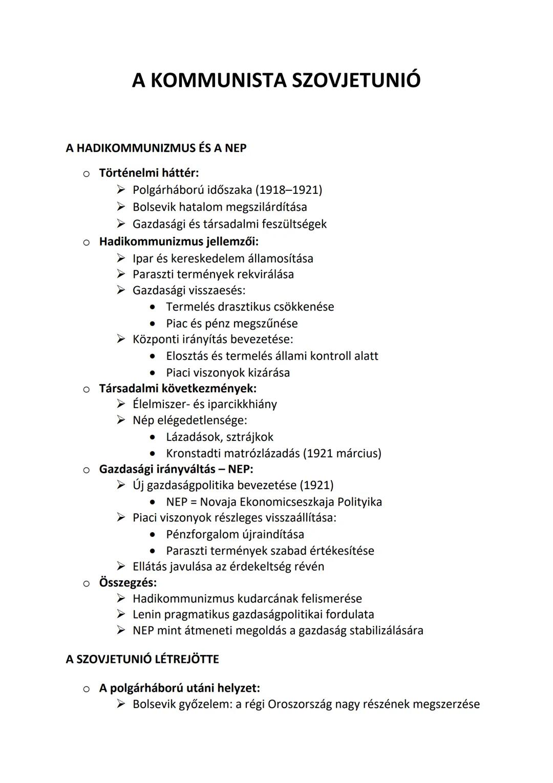 # A KOMMUNISTA SZOVJETUNIÓ

# A HADIKOMMUNIZMUS ÉS A NEP

*   Történelmi háttér:
    ➤ Polgárháború időszaka (1918-1921)
    ➤ Bolsevik hata