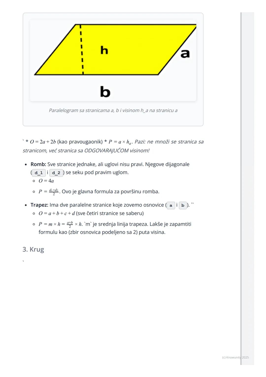 # Površine i obimi ravnih figura

Uvod i podsećanje

Ovo je ponavljanje osnovnih formula za obim i površinu ravnih figura. Ove
formule su os