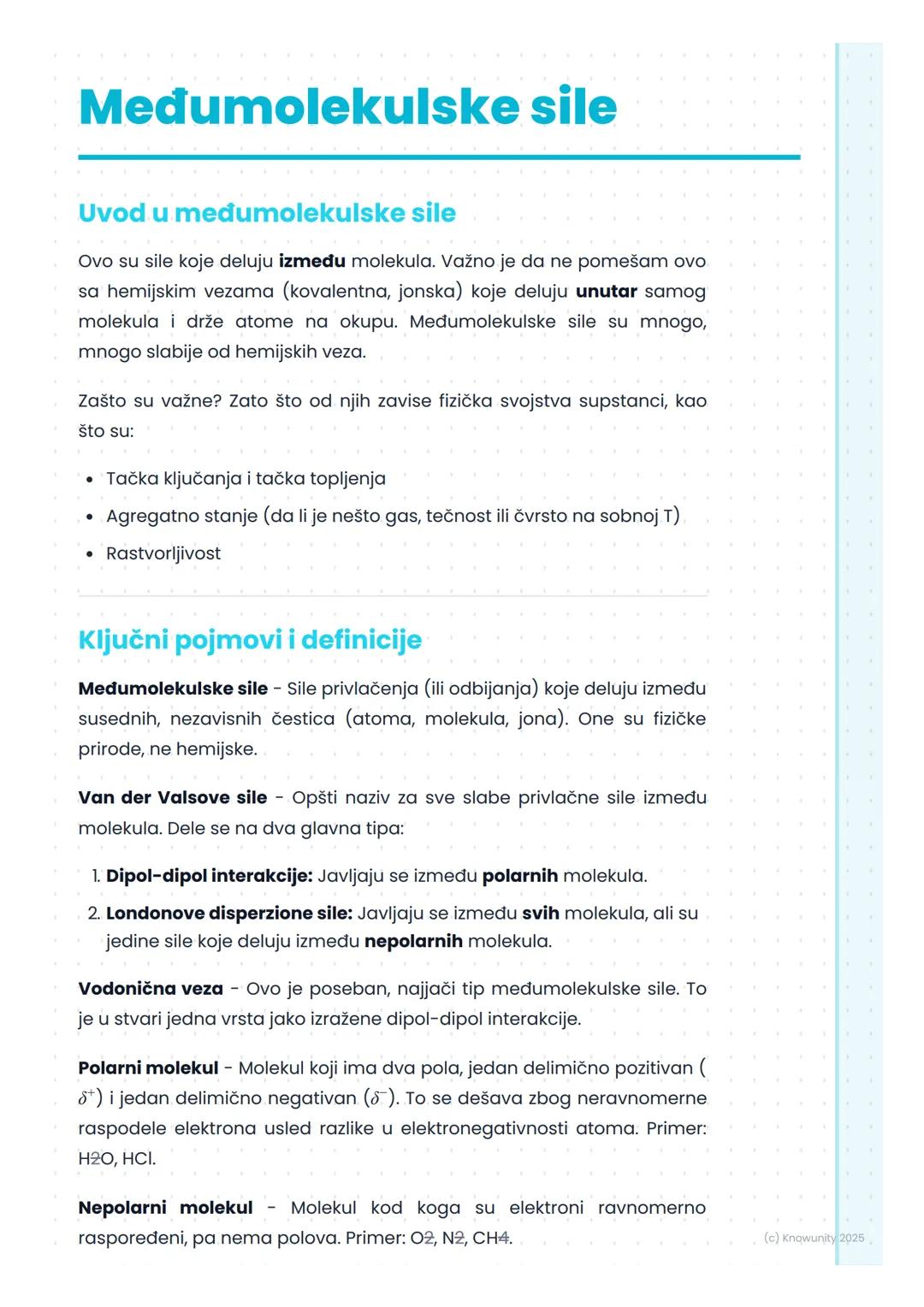 # Međumolekulske sile

Uvod u međumolekulske sile

Ovo su sile koje deluju između molekula. Važno je da ne pomešam ovo
sa hemijskim vezama (