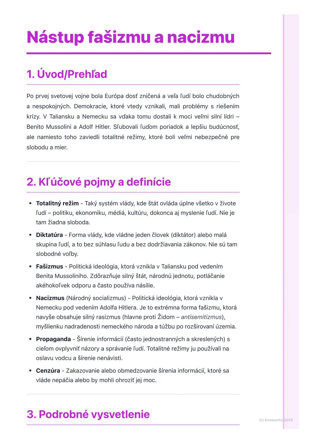 # Nástup fašizmu a nacizmu

1. Úvod/Prehľad

Po prvej svetovej vojne bola Európa dosť zničená a veľa ľudí bolo chudobných
a nespokojných. De