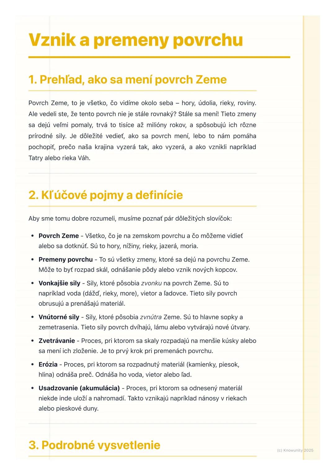 # Vznik a premeny povrchu

1. Prehľad, ako sa mení povrch Zeme

Povrch Zeme, to je všetko, čo vidíme okolo seba hory, údolia, rieky, roviny.