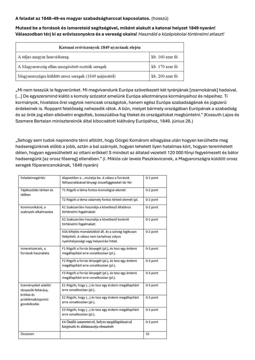 A feladat az 1848-49-es magyar szabadságharccal kapcsolatos. (hosszú)
Mutasd be a források és ismereteid segítségével, miként alakult a kato