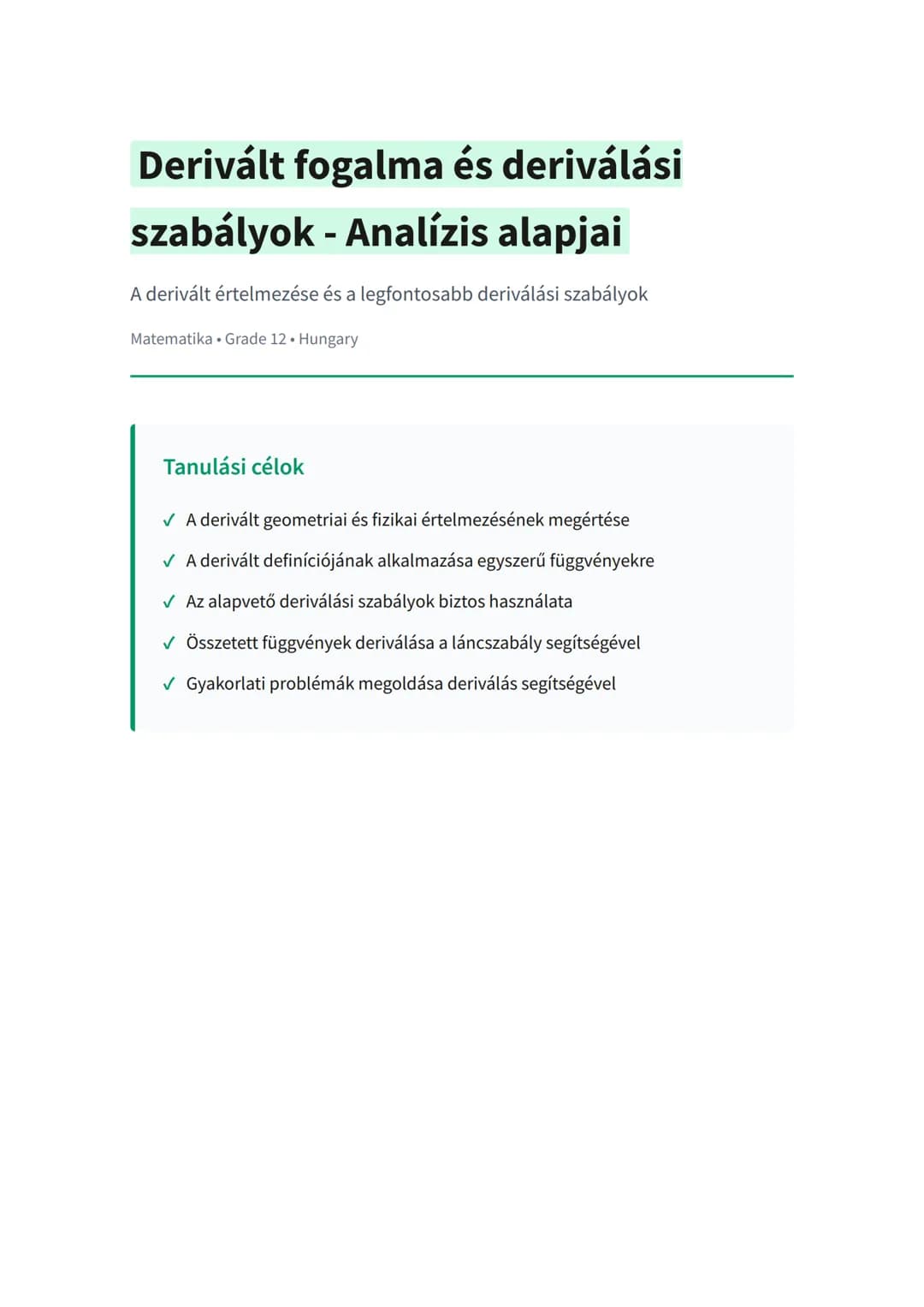 Derivált fogalma és deriválási szabályok - Analízis alapjai