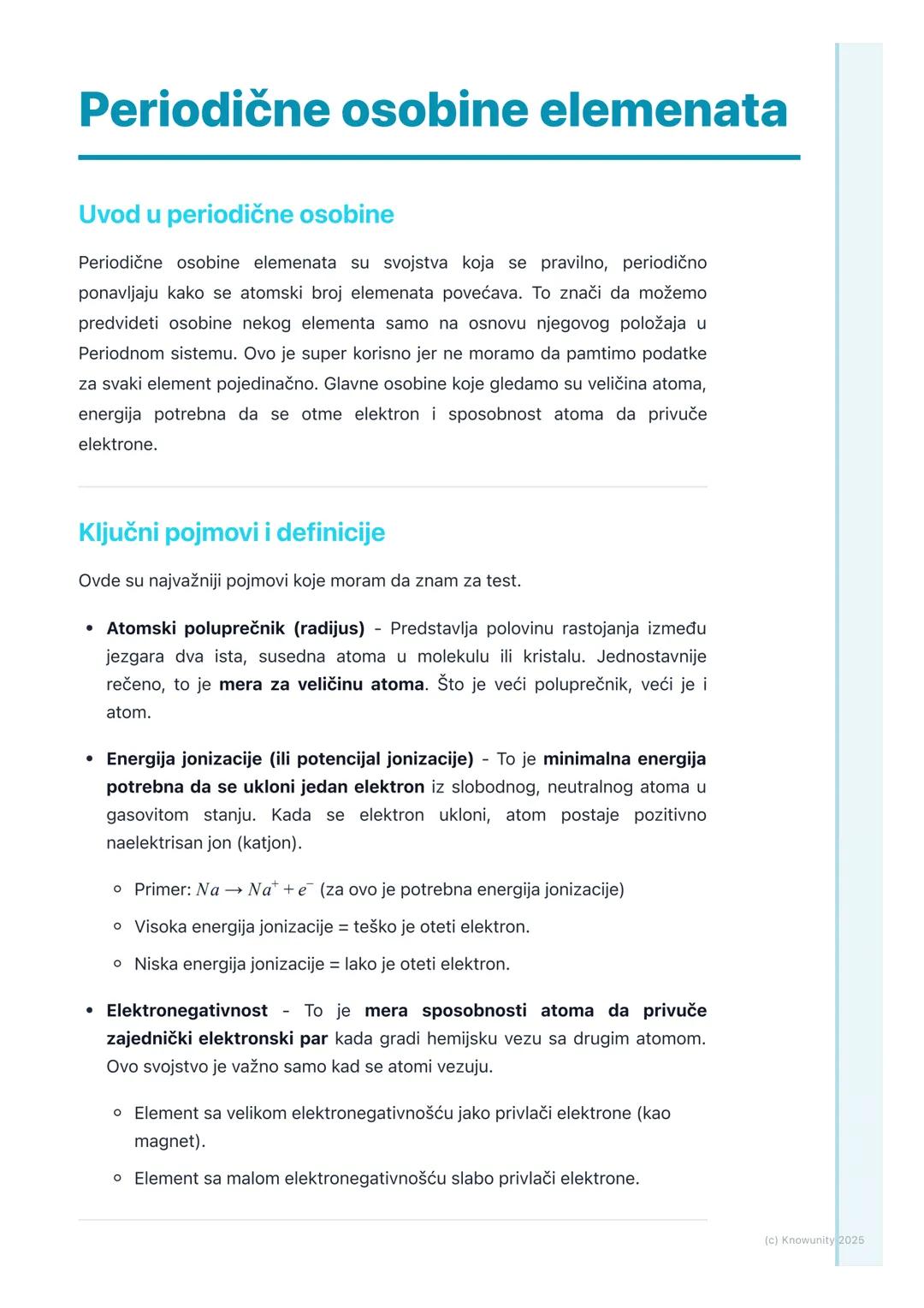 # Periodične osobine elemenata

Uvod u periodične osobine

Periodične osobine elemenata su svojstva koja se pravilno, periodično
ponavljaju 