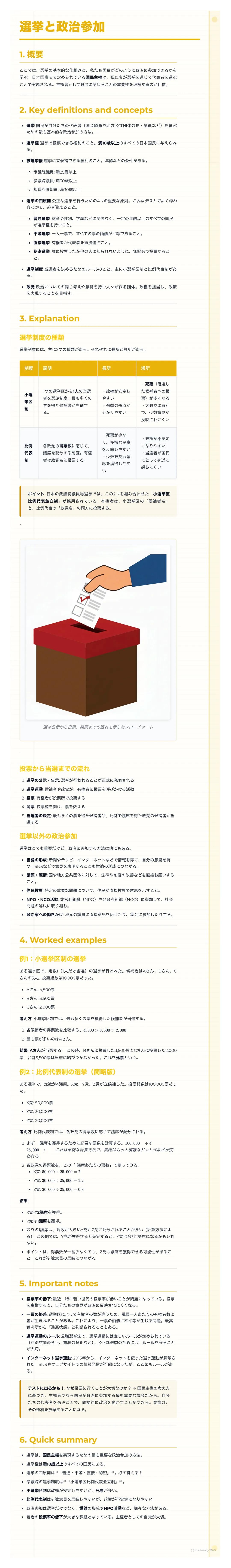 # 選挙と政治参加

1. 概要

2. Key definitions and concepts

- **選挙権**：国民が選挙に参加する権利。国民が選挙で代表者を選ぶ権利。

- **被選挙権**：選挙で代表者として選出される権利。被選挙権を持つ人が立候補できる。

- *