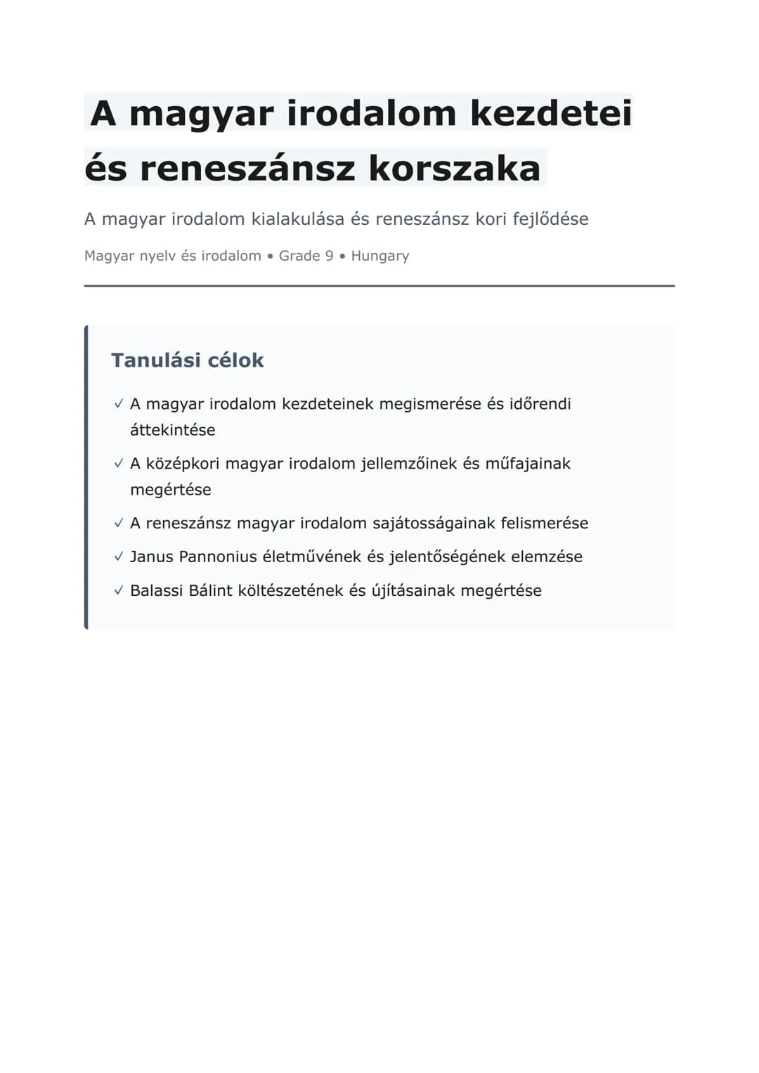 A magyar irodalom kezdetei és reneszánsz korszaka
