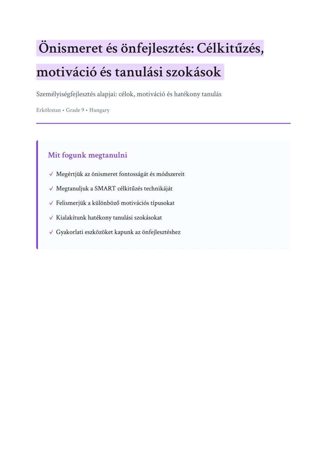 Önismeret és önfejlesztés: Célkitűzés, motiváció és tanulási szokások