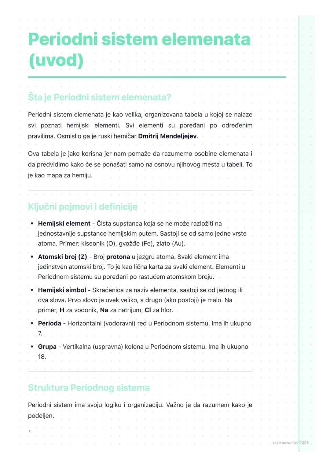 # Periodni sistem elemenata
(uvod)

Šta je Periodni sistem elemenata?

Periodni sistem elemenata je kao velika, organizovana tabela u kojoj 