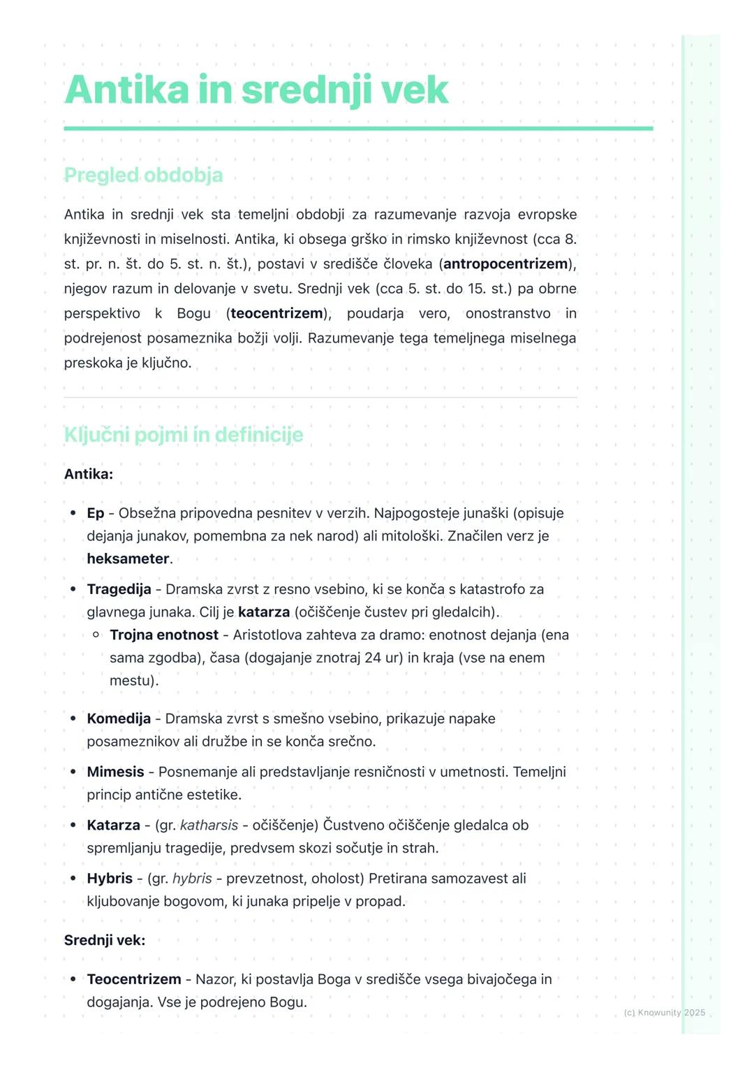 # Antika in srednji vek

Pregled obdobja

Antika in srednji vek sta temeljni obdobji za razumevanje razvoja evropske
književnosti in miselno