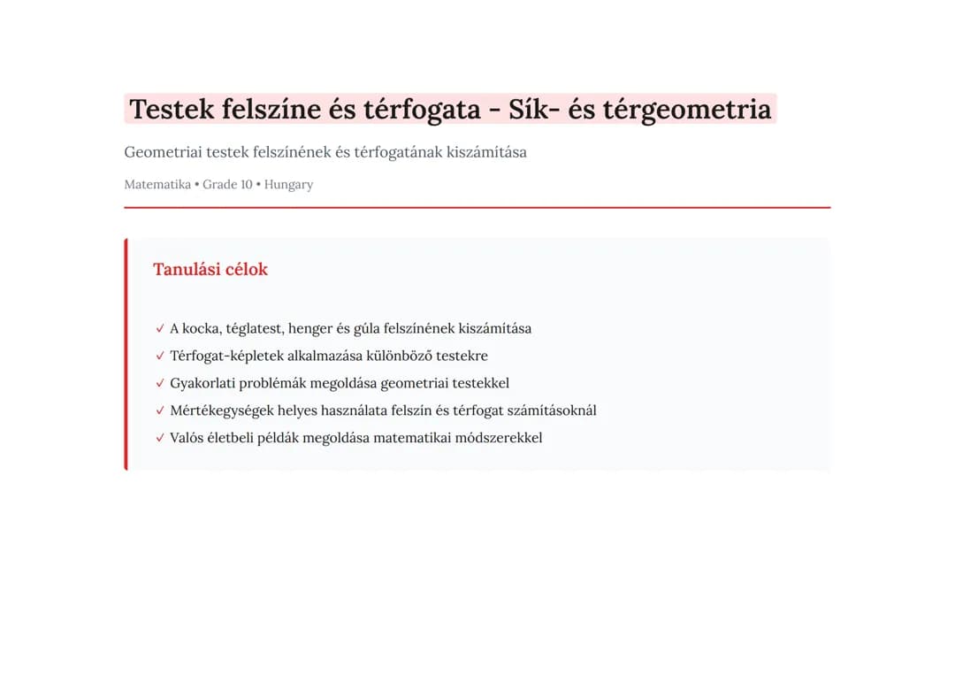Testek felszíne és térfogata - Sík- és térgeometria