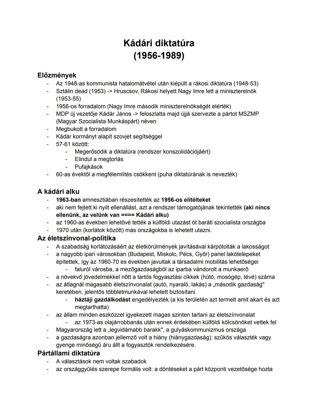 # Kádári diktatúra
(1956-1989)

## Előzmények
- Az 1948-as kommunista hatalomátvétel után kiépült a rákosi diktatúra (1948-53)
- Sztálin dea