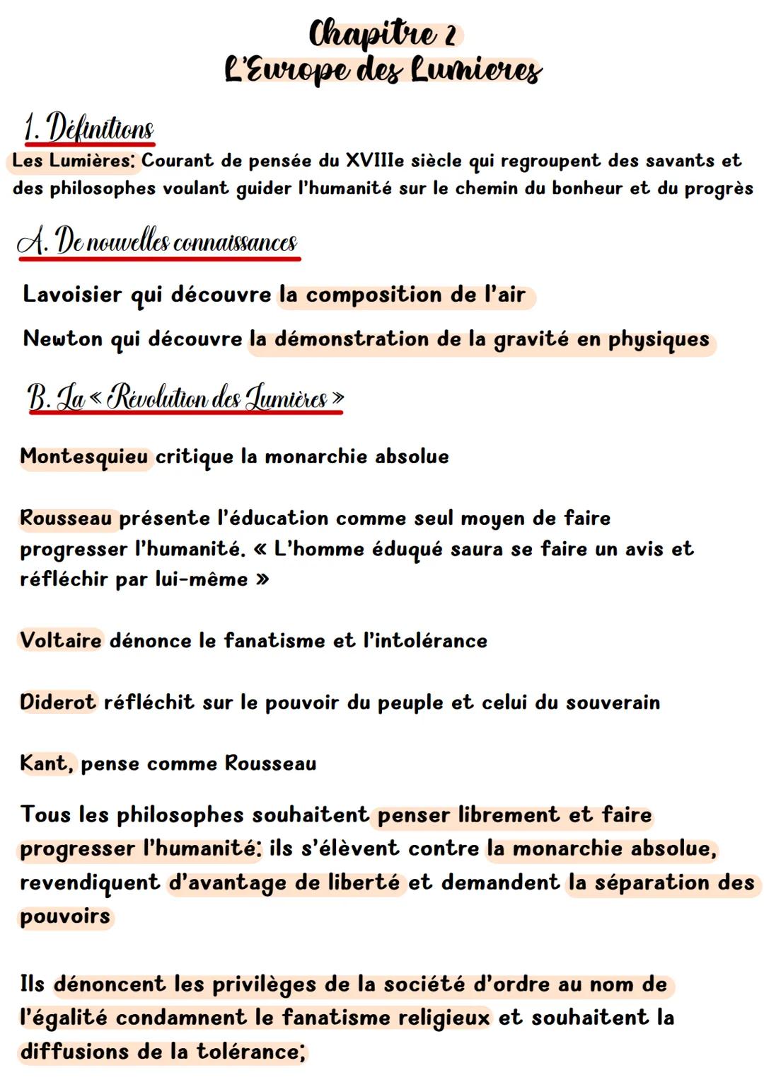 # Chapitre 2
L'Europe des Lumieres

# 1. Définitions
Les Lumières: Courant de pensée du XVIIIe siècle qui regroupent des savants et
des phil