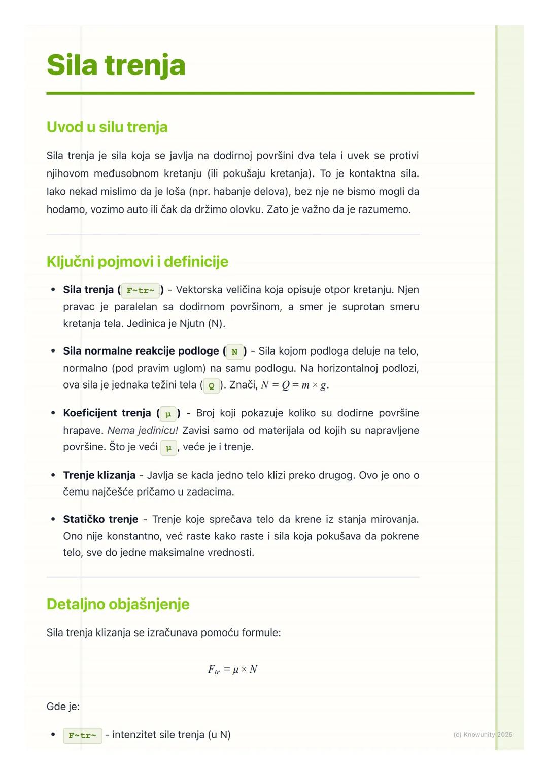 # Sila trenja

Uvod u silu trenja

Sila trenja je sila koja se javlja na dodirnoj površini dva tela i uvek se protivi
njihovom međusobnom kr