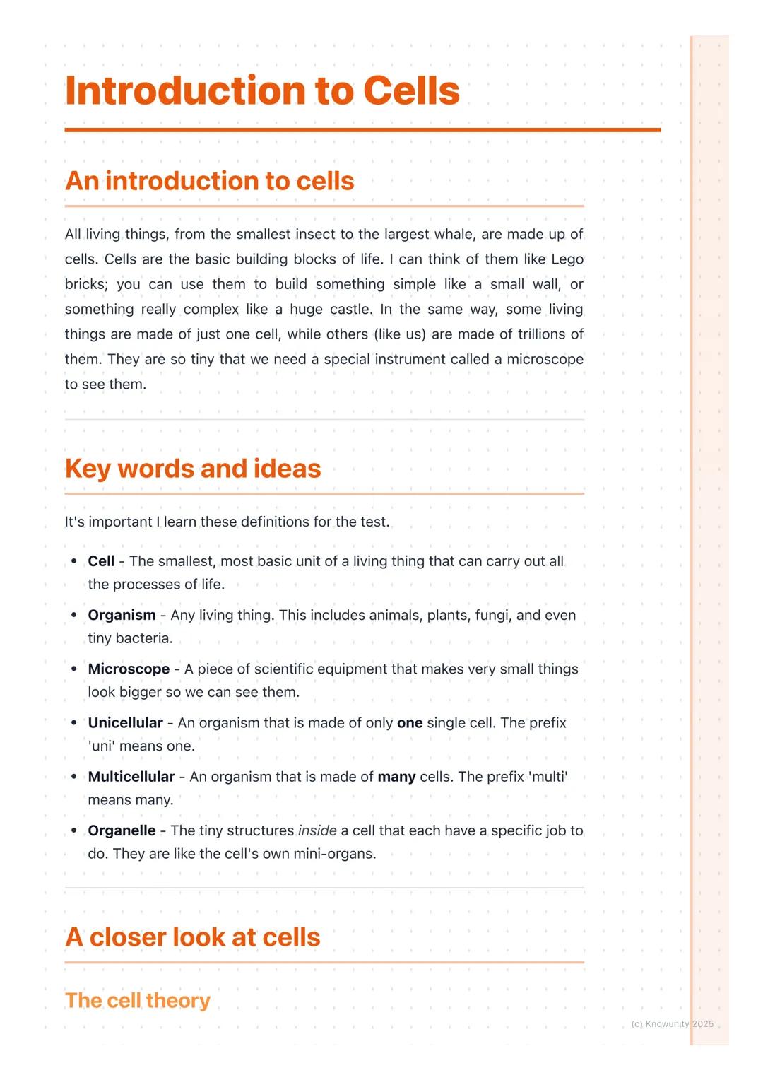 # Introduction to Cells

## An introduction to cells

All living things, from the smallest insect to the largest whale, are made up of
cells