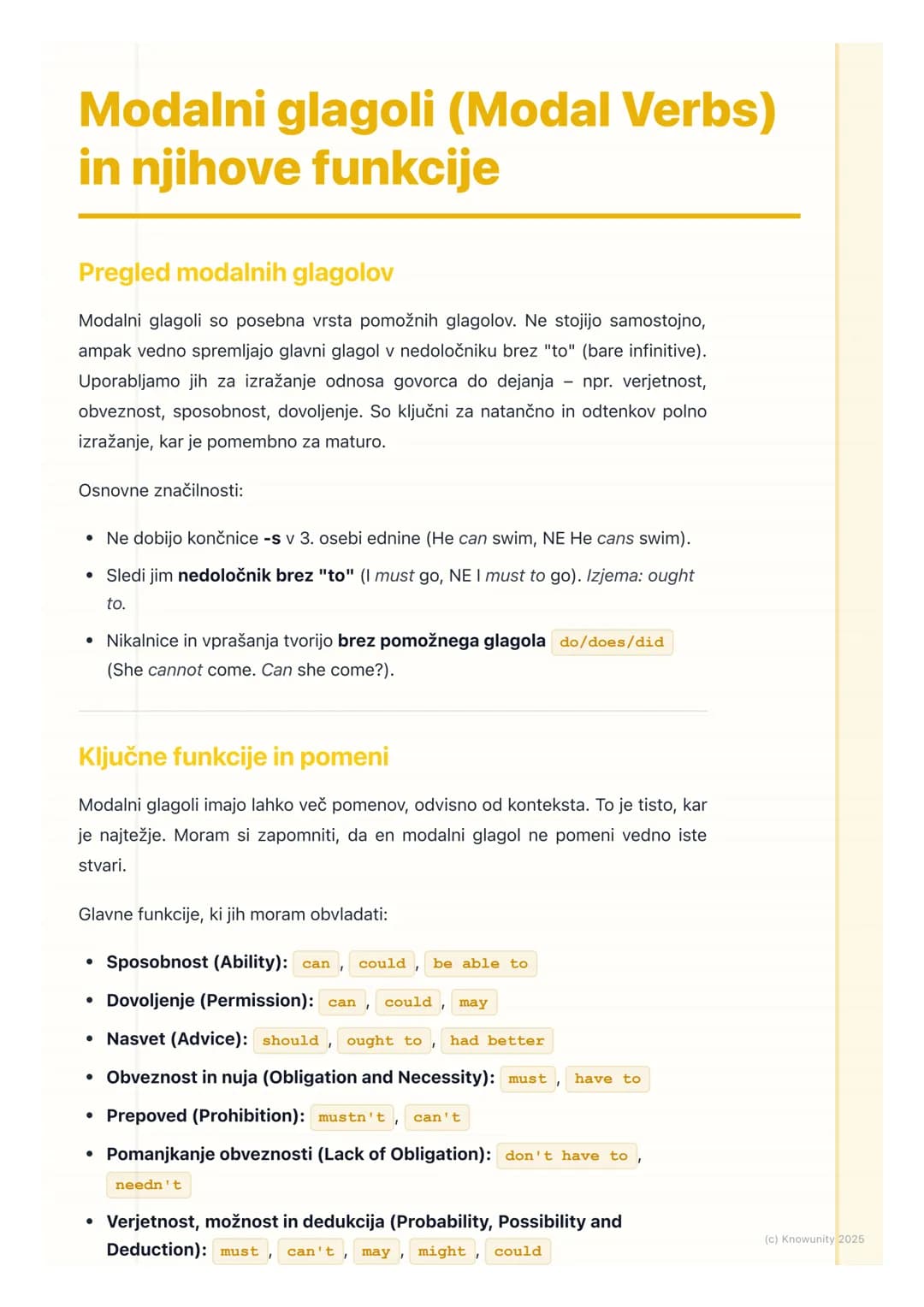 # Modalni glagoli (Modal Verbs)
in njihove funkcije

Pregled modalnih glagolov

Modalni glagoli so posebna vrsta pomožnih glagolov. Ne stoji