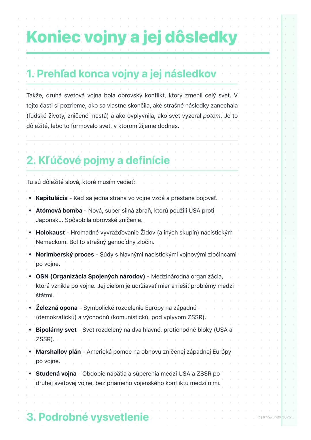 # Koniec vojny a jej dôsledky

## 1. Prehľad konca vojny a jej následkov

Takže, druhá svetová vojna bola obrovský konflikt, ktorý zmenil ce