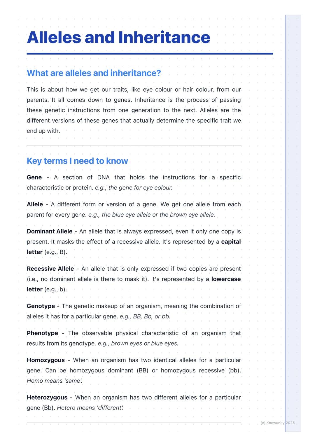 # Alleles and Inheritance

What are alleles and inheritance?

This is about how we get our traits, like eye colour or hair colour, from our
