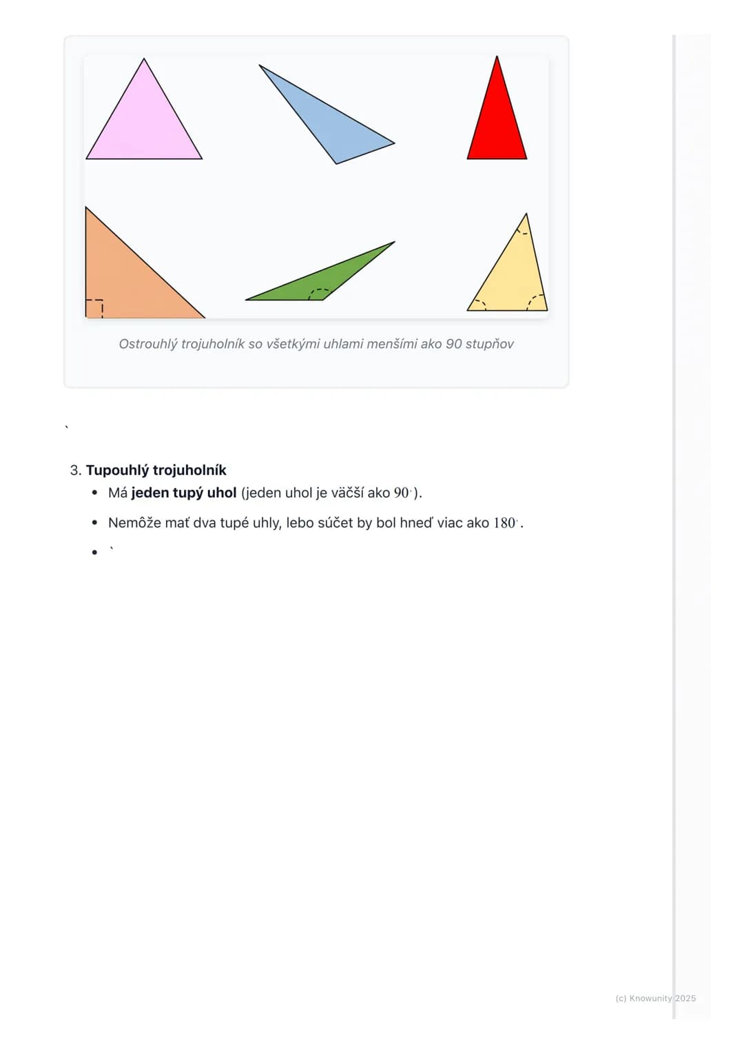 # Trojuholník - základné pojmy

1. Prehľad trojuholníkov

Trojuholník je jeden z najzákladnejších tvarov v geometrii. Stretávame sa s ním
vš