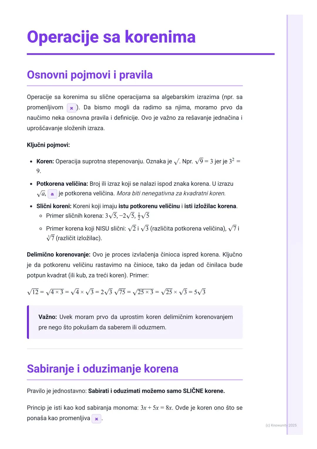 # Operacije sa korenima

Osnovni pojmovi i pravila

Operacije sa korenima su slične operacijama sa algebarskim izrazima (npr. sa
promenljivo