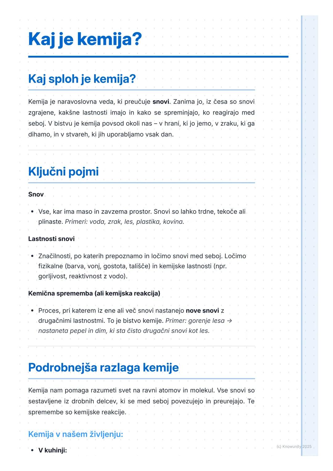 # Kaj je kemija?

## Kaj sploh je kemija?

Kemija je naravoslovna veda, ki preučuje snovi. Zanima jo, iz česa so snovi
zgrajene, kakšne last