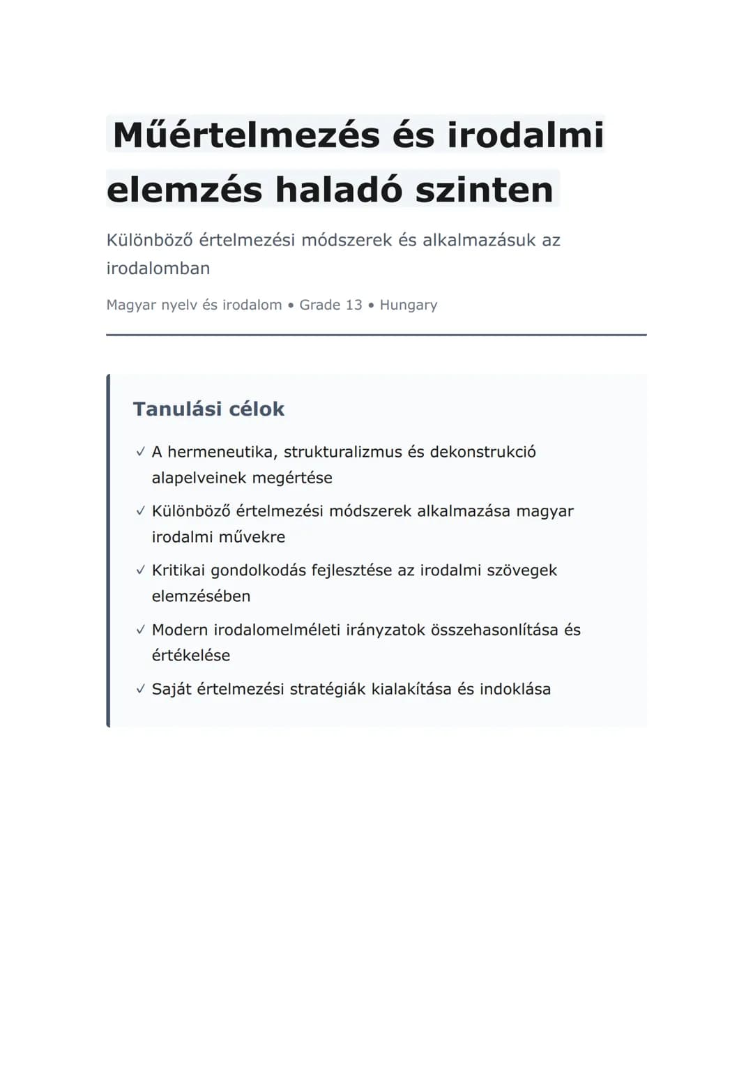 Műértelmezés és irodalmi elemzés haladó szinten