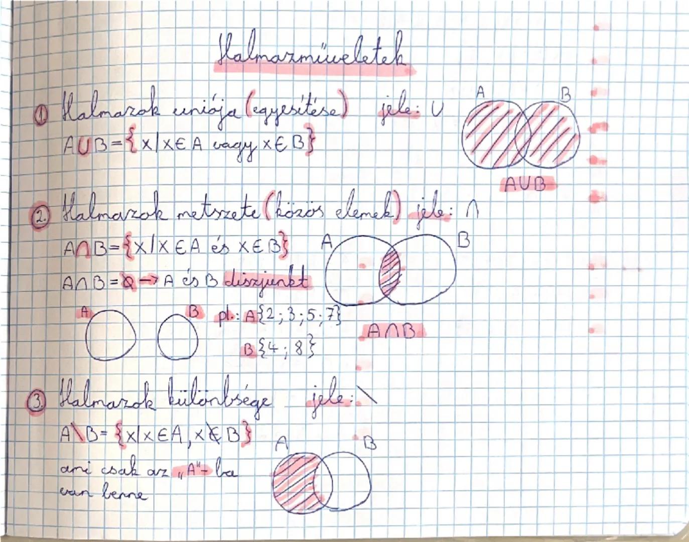 # Halmazműveletek

① Halmazok ceniója (egyesítése) jele: U

$AUB = {X/XEA \text{ vagy } XE B}$

② Halmazok metszete (közös elemek) jele: n

