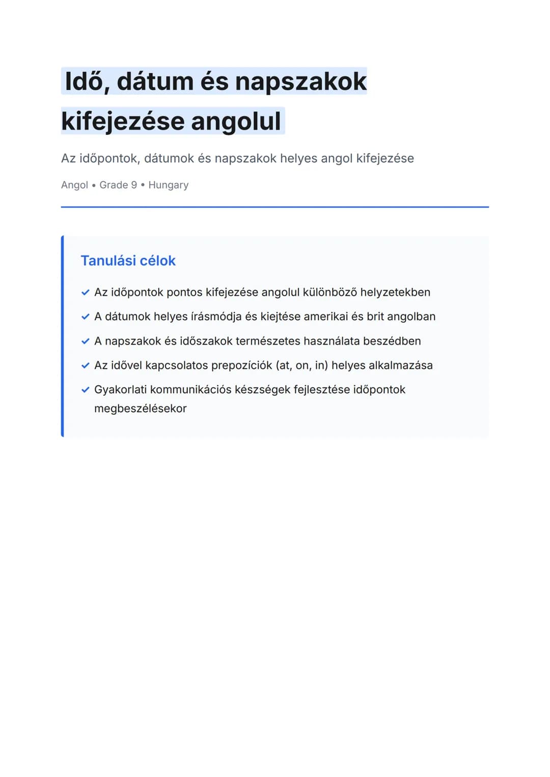 Idő, dátum és napszakok kifejezése angolul