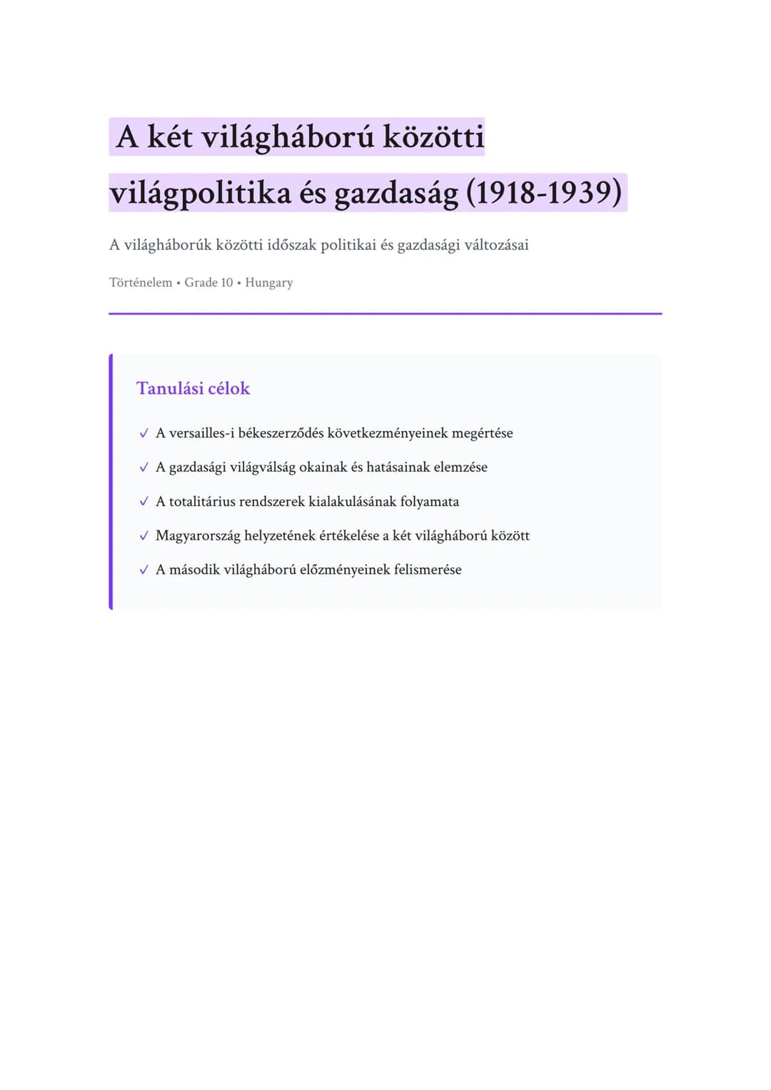 A két világháború közötti világpolitika és gazdaság (1918-1939)