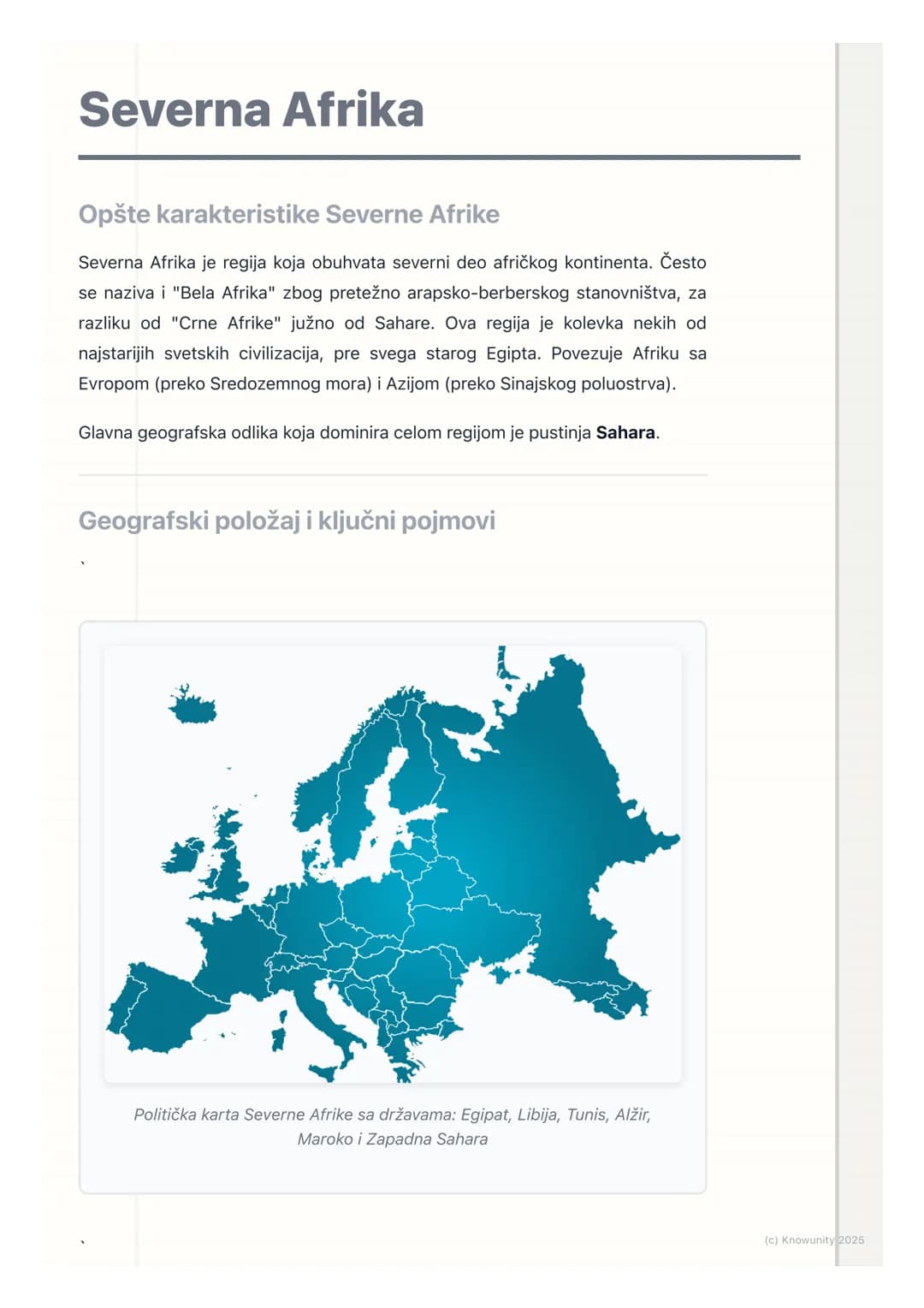 # Severna Afrika

## Opšte karakteristike Severne Afrike

Severna Afrika je regija koja obuhvata severni deo afričkog kontinenta. Često
se n