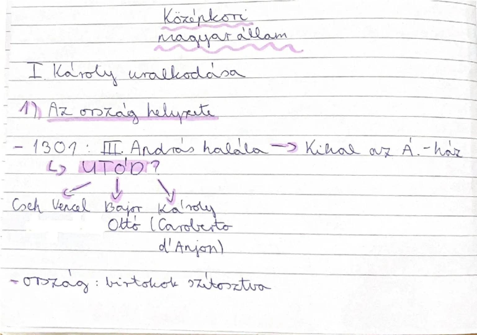 Középkori
magyar állam

I. Karoly uralkodása

1) Az ország helyzete.
-1
- 1307: II. András halála Kihal az A.-haz
L↳ UTOD?

Coch Vencel Bajo