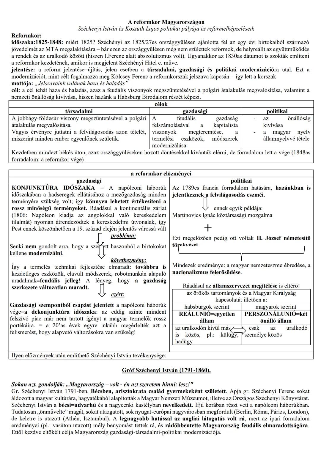 ## Reformkor:

**A reformkor Magyarországon**

**Széchenyi István és Kossuth Lajos politikai pályája és reformelképzeléseik**

időszaka:1825