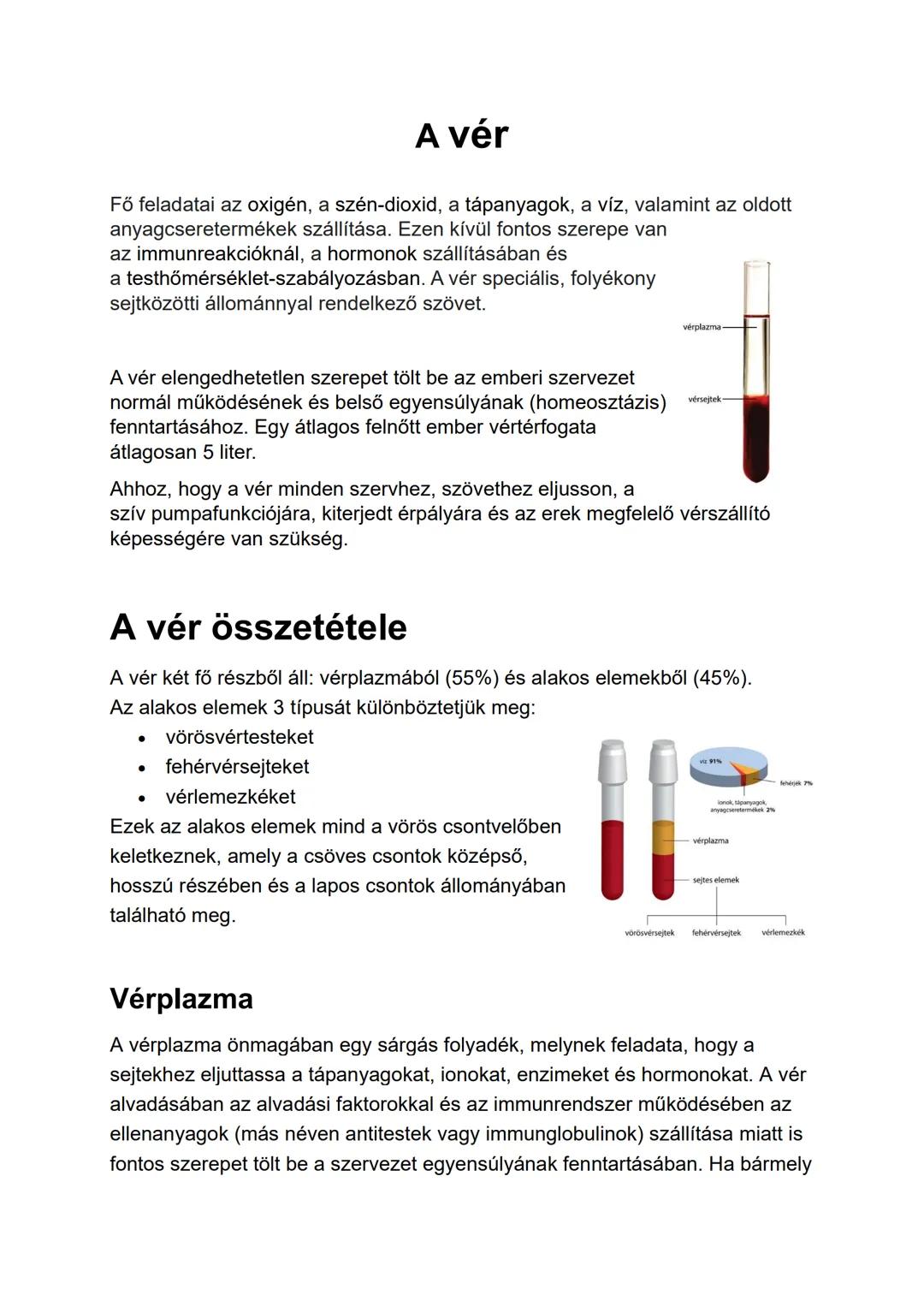 A vér
Fő feladatai az oxigén, a szén-dioxid, a tápanyagok, a víz, valamint az oldott
anyagcseretermékek szállítása. Ezen kívül fontos szerep
